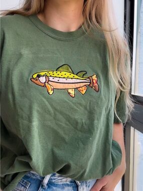 NWT Hand Crafted Olive Green Short-Sleeve Tee with Patchwork Fish Embroidery